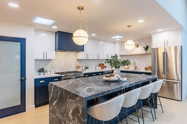 Interior, Kitchen, Marble Walls, Pendant Lights, Recessed Lighting, Stainless Steel Appliances, Wood Texture Flooring