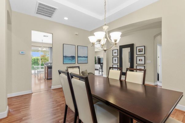Chandelier, Dining room, Interior, Recessed Lighting, Wood Texture Flooring