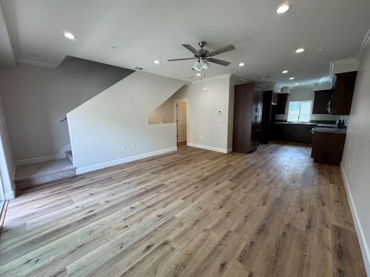 Empty room, Interior, Kitchen, Recessed Lighting, Wood Texture Flooring