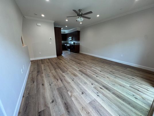 Empty room, Interior, Kitchen, Recessed Lighting, Wood Texture Flooring