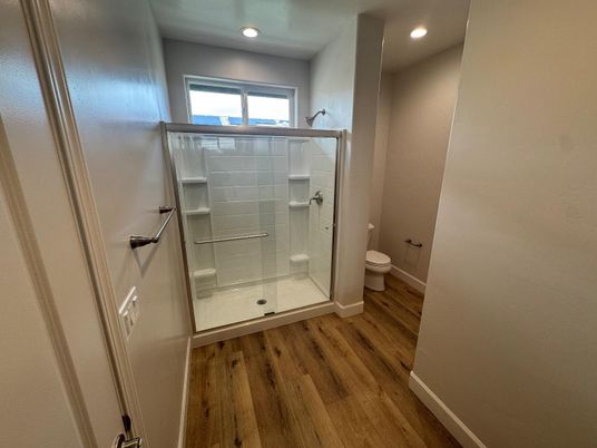 Bathroom, Glass Shower, Interior, Recessed Lighting, Wood Texture Flooring
