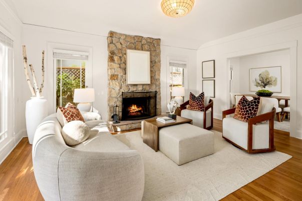 Fireplace, Interior, Living room, Stone Walls, Wood Texture Flooring