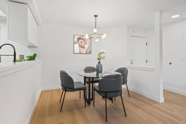 Dining room, Interior, Pendant Lights, Recessed Lighting, Wood Texture Flooring