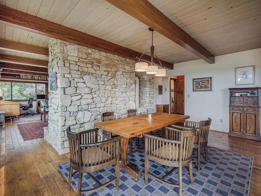 Dining room, Interior, Pendant Lights, Stone Walls, Wooden Beams, Wooden Ceilings, Wood Texture Flooring