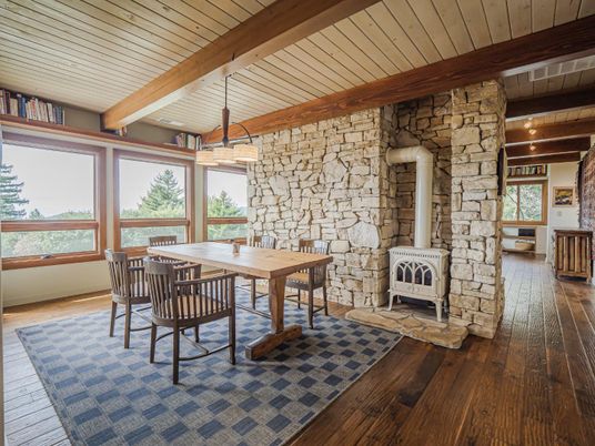 Dining room, Fireplace, Interior, Stone Walls, Wooden Beams, Wooden Ceilings, Wood Texture Flooring