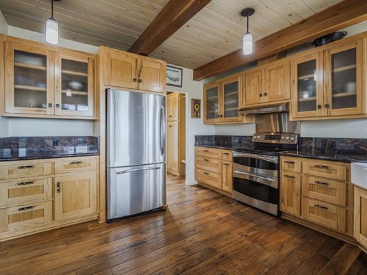 Interior, Kitchen, Pendant Lights, Stainless Steel Appliances, Wooden Beams, Wooden Ceilings, Wood Texture Flooring