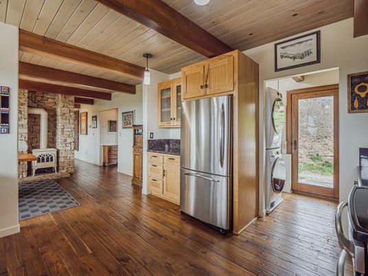 Interior, Kitchen, Pendant Lights, Stainless Steel Appliances, Stone Walls, Wooden Beams, Wooden Ceilings, Wood Texture Flooring