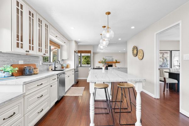Interior, Kitchen, Pendant Lights, Recessed Lighting, Stainless Steel Appliances, Wood Texture Flooring