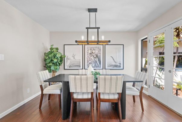 Dining room, Interior, Pendant Lights, Wood Texture Flooring