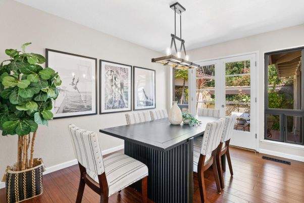 Dining room, Interior, Pendant Lights, Wood Texture Flooring