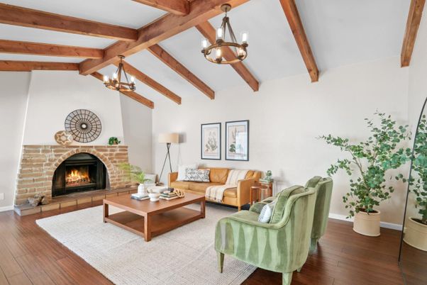 Fireplace, Interior, Living room, Pendant Lights, Wooden Beams, Wood Texture Flooring