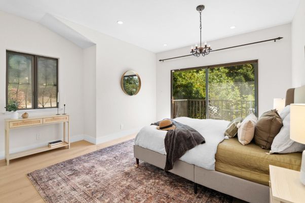 Bedroom, Chandelier, Interior, Pendant Lights, Recessed Lighting, Wood Texture Flooring