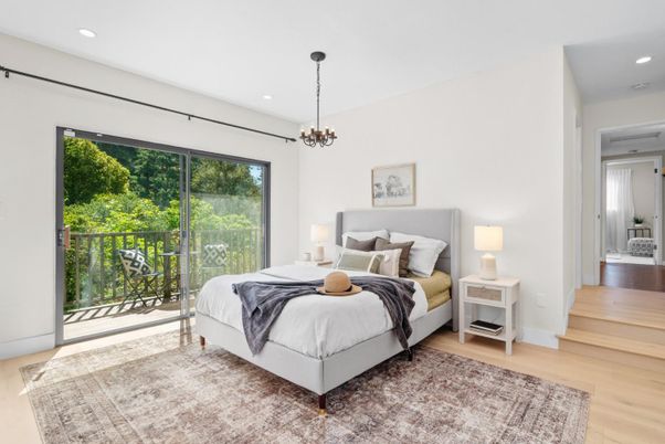 Bedroom, Interior, Pendant Lights, Recessed Lighting, Wood Texture Flooring