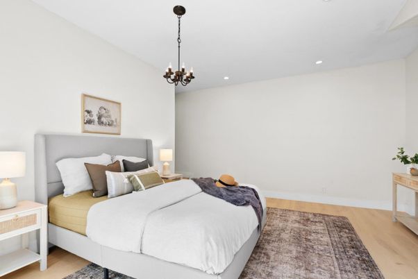 Bedroom, Chandelier, Interior, Pendant Lights, Recessed Lighting, Wood Texture Flooring