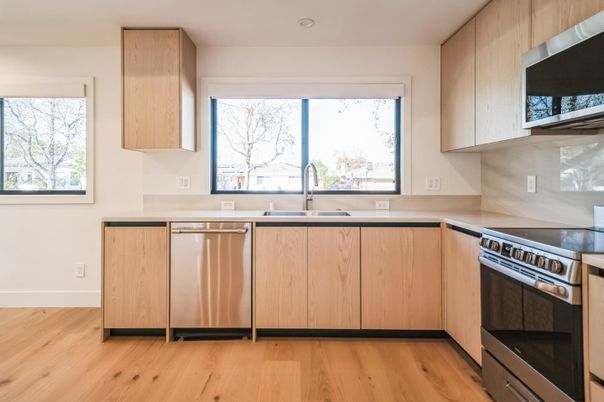 Interior, Kitchen, Recessed Lighting, Stainless Steel Appliances, Wood Texture Flooring