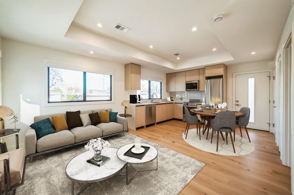 Dining room, Interior, Kitchen, Living room, Recessed Lighting, Stainless Steel Appliances, Wood Texture Flooring