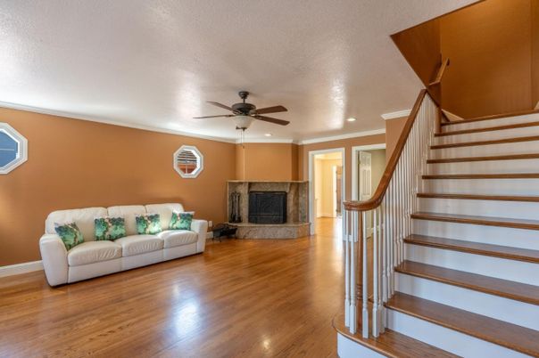Fireplace, Interior, Recessed Lighting, Wood Texture Flooring