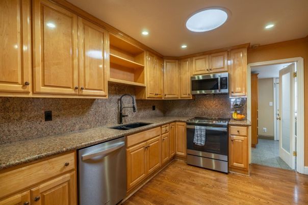 Interior, Kitchen, Recessed Lighting, Stainless Steel Appliances, Wood Texture Flooring