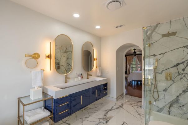 Bathroom, Dual Sink Vanities, Glass Shower, Interior, Marble, Marble Walls, Recessed Lighting