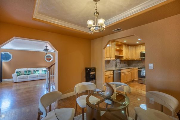 Chandelier, Interior, Kitchen, Living room, Recessed Lighting, Wood Texture Flooring