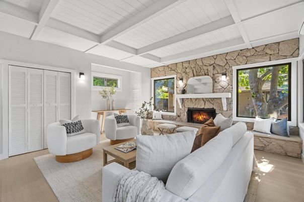 Fireplace, Interior, Living room, Stone Walls, Wood Texture Flooring