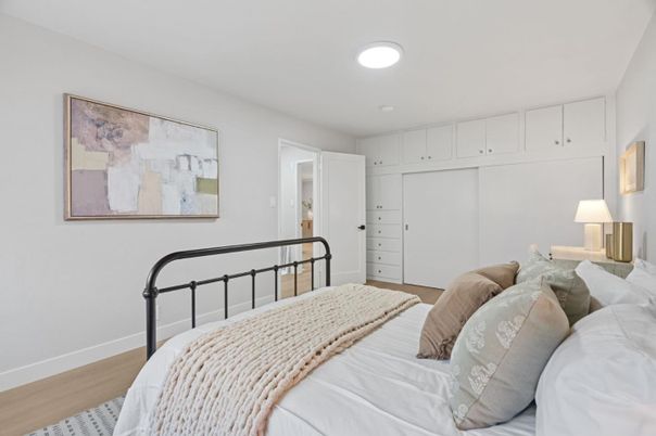 Bedroom, Interior, Recessed Lighting, Wood Texture Flooring