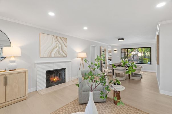 Fireplace, Interior, Living room, Recessed Lighting, Wood Texture Flooring