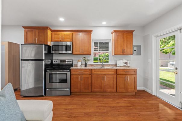 Interior, Kitchen, Recessed Lighting, Stainless Steel Appliances, Wood Texture Flooring