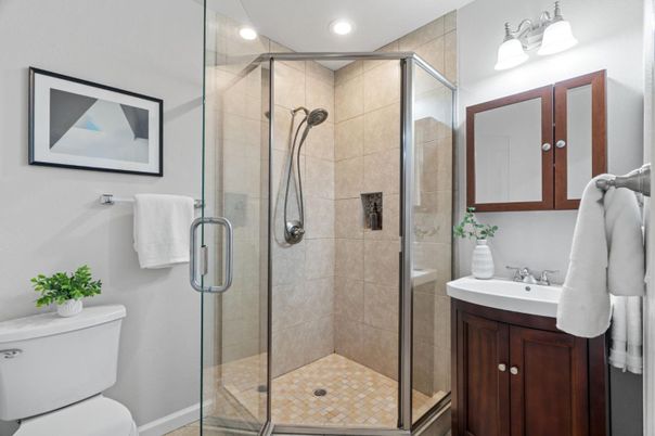 Bathroom, Glass Shower, Interior, Recessed Lighting