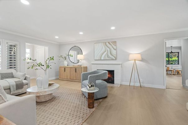 Fireplace, Interior, Living room, Recessed Lighting, Wood Texture Flooring