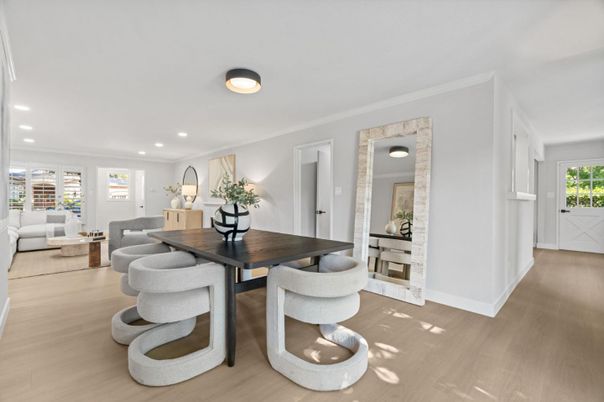 Dining room, Interior, Living room, Recessed Lighting, Wood Texture Flooring