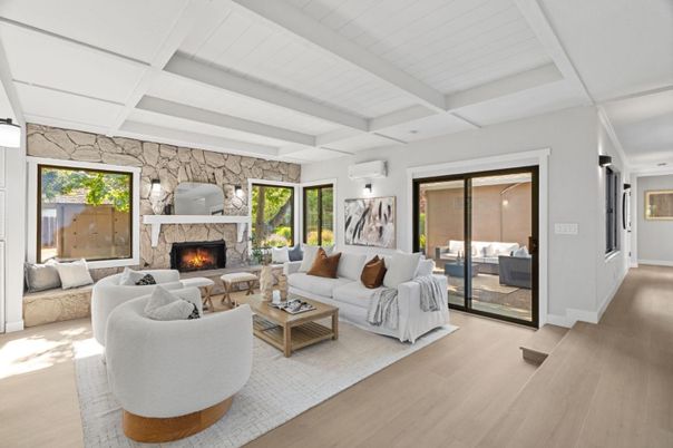 Fireplace, Interior, Living room, Stone Walls, Wood Texture Flooring