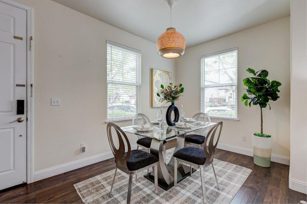 Dining room, Interior, Pendant Lights, Wood Texture Flooring