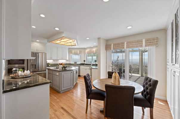Dining room, Interior, Kitchen, Recessed Lighting, Stainless Steel Appliances, Wood Texture Flooring