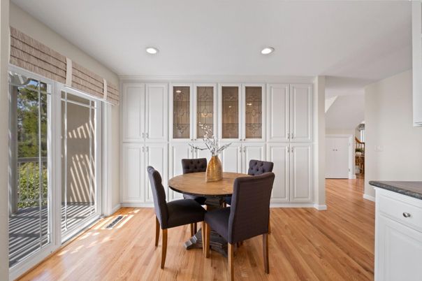 Dining room, Interior, Recessed Lighting, Wood Texture Flooring