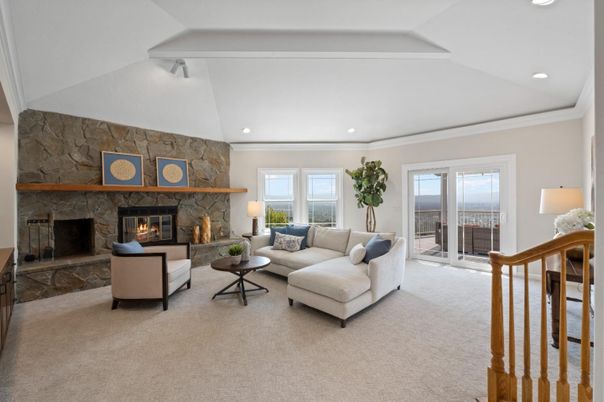 Fireplace, Interior, Living room, Recessed Lighting, Stone Walls