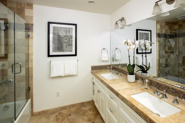 Bathroom, Dual Sink Vanities, Glass Shower, Interior, Recessed Lighting, Tile Countertops