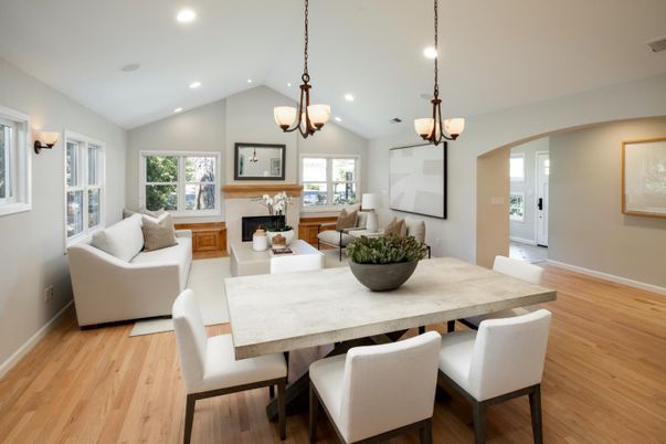 Dining room, Fireplace, Interior, Living room, Pendant Lights, Recessed Lighting, Wood Texture Flooring