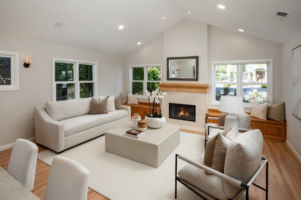 Fireplace, Interior, Living room, Recessed Lighting, Wood Texture Flooring