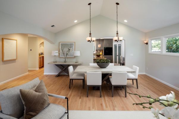 Dining room, Interior, Pendant Lights, Recessed Lighting, Wood Texture Flooring