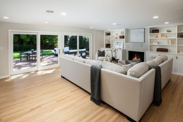 Fireplace, Interior, Living room, Recessed Lighting, Wood Texture Flooring