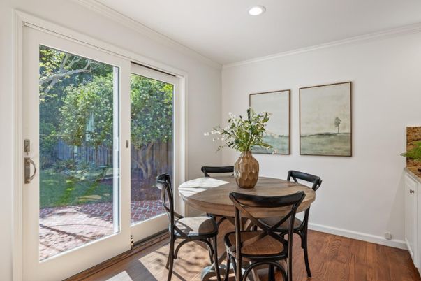 Dining room, Interior, Recessed Lighting, Wood Texture Flooring