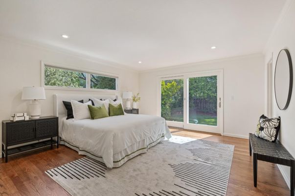 Bedroom, Interior, Recessed Lighting, Wood Texture Flooring