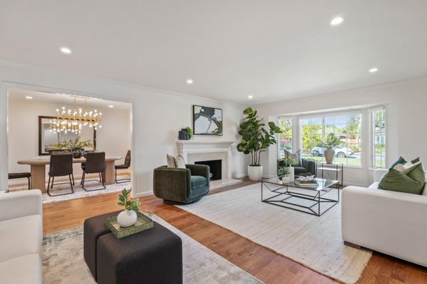 Dining room, Fireplace, Interior, Living room, Pendant Lights, Recessed Lighting, Wood Texture Flooring