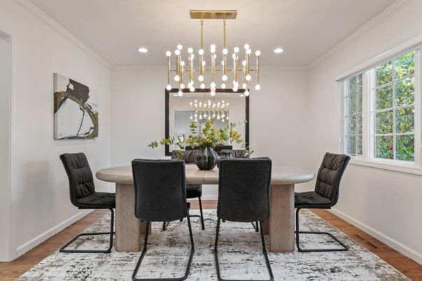 Dining room, Interior, Pendant Lights, Recessed Lighting, Wood Texture Flooring