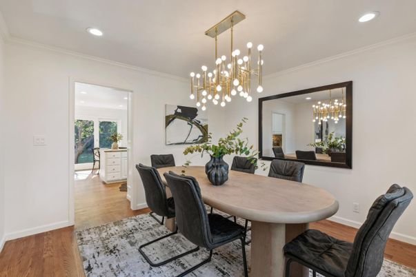 Dining room, Interior, Pendant Lights, Recessed Lighting, Wood Texture Flooring