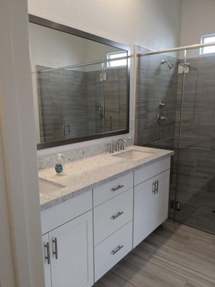 Bathroom, Dual Sink Vanities, Glass Shower, Interior, Wood Texture Flooring