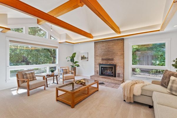 Fireplace, Interior, Living room, Recessed Lighting, Stone Walls, Wooden Beams