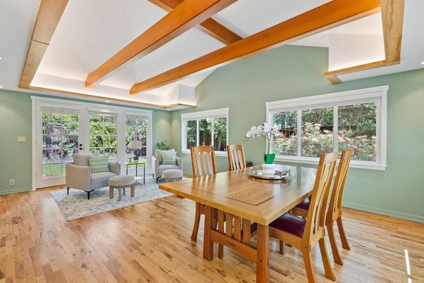 Dining room, Interior, Living room, Recessed Lighting, Wooden Beams, Wood Texture Flooring