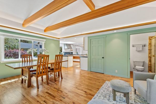 Dining room, Interior, Kitchen, Recessed Lighting, Wooden Beams, Wood Texture Flooring